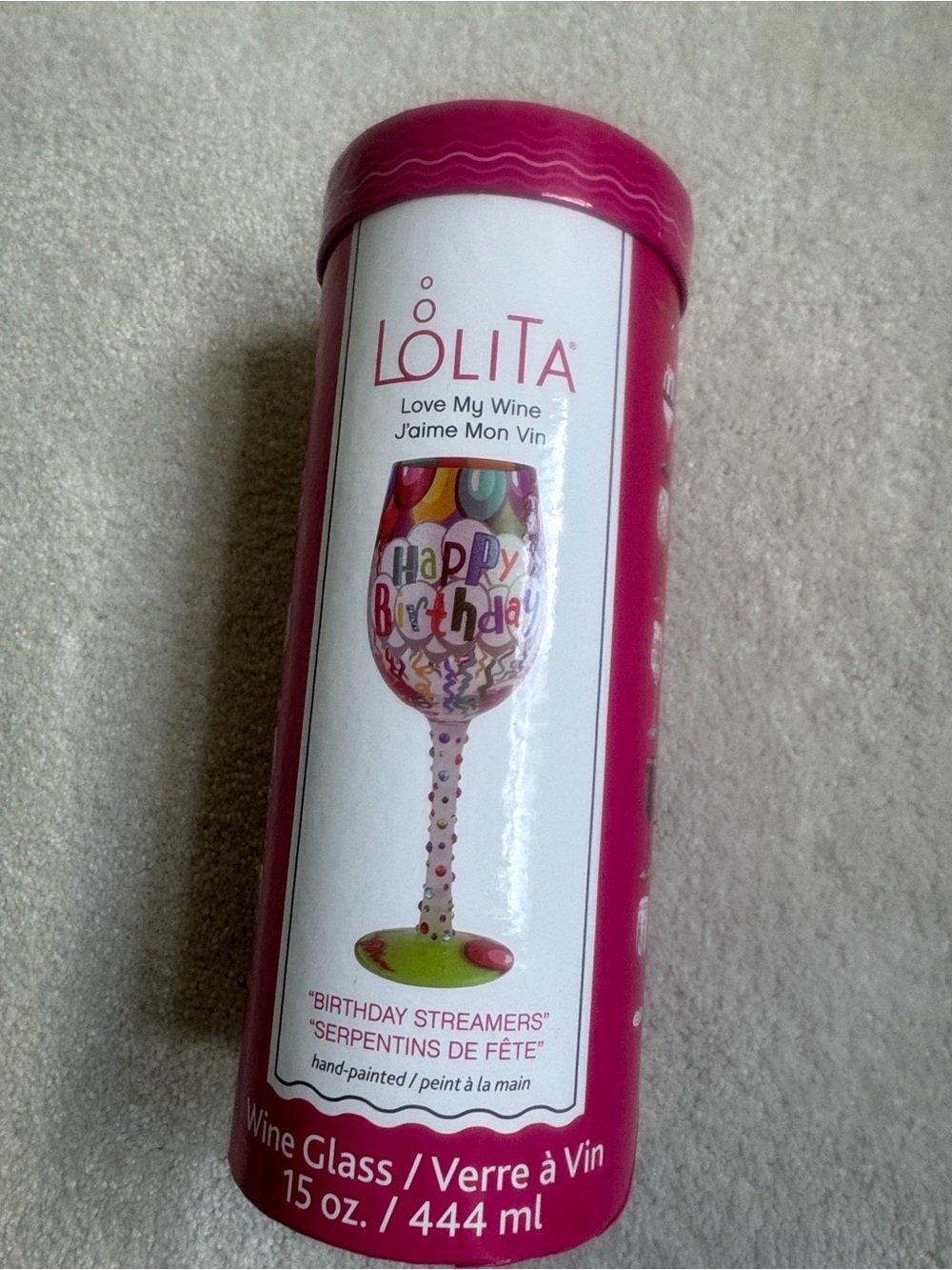 Lolita Hot Pink Birthday Streamers Wine Glass - Multicolor Accents
